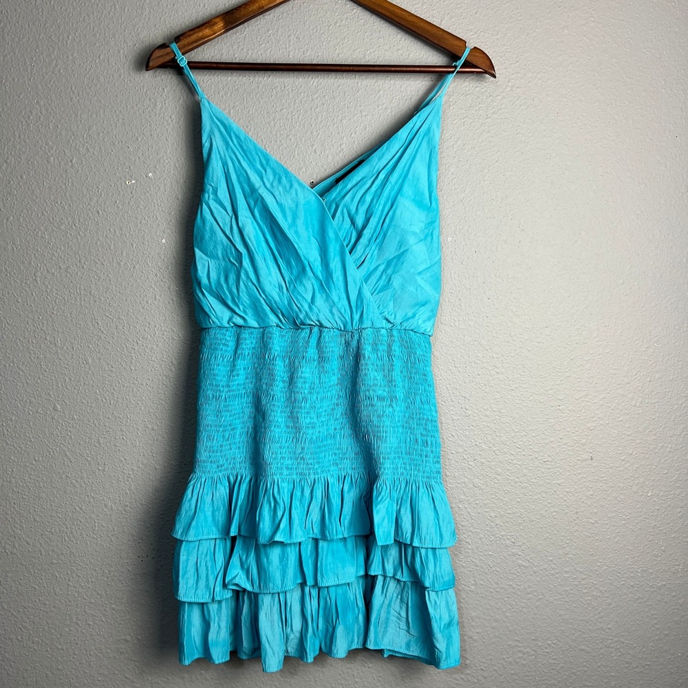 DO+BE Turquoise Mini Dress Spaghetti Strap Ruffle‎ Tiered Smocked Casual Party S